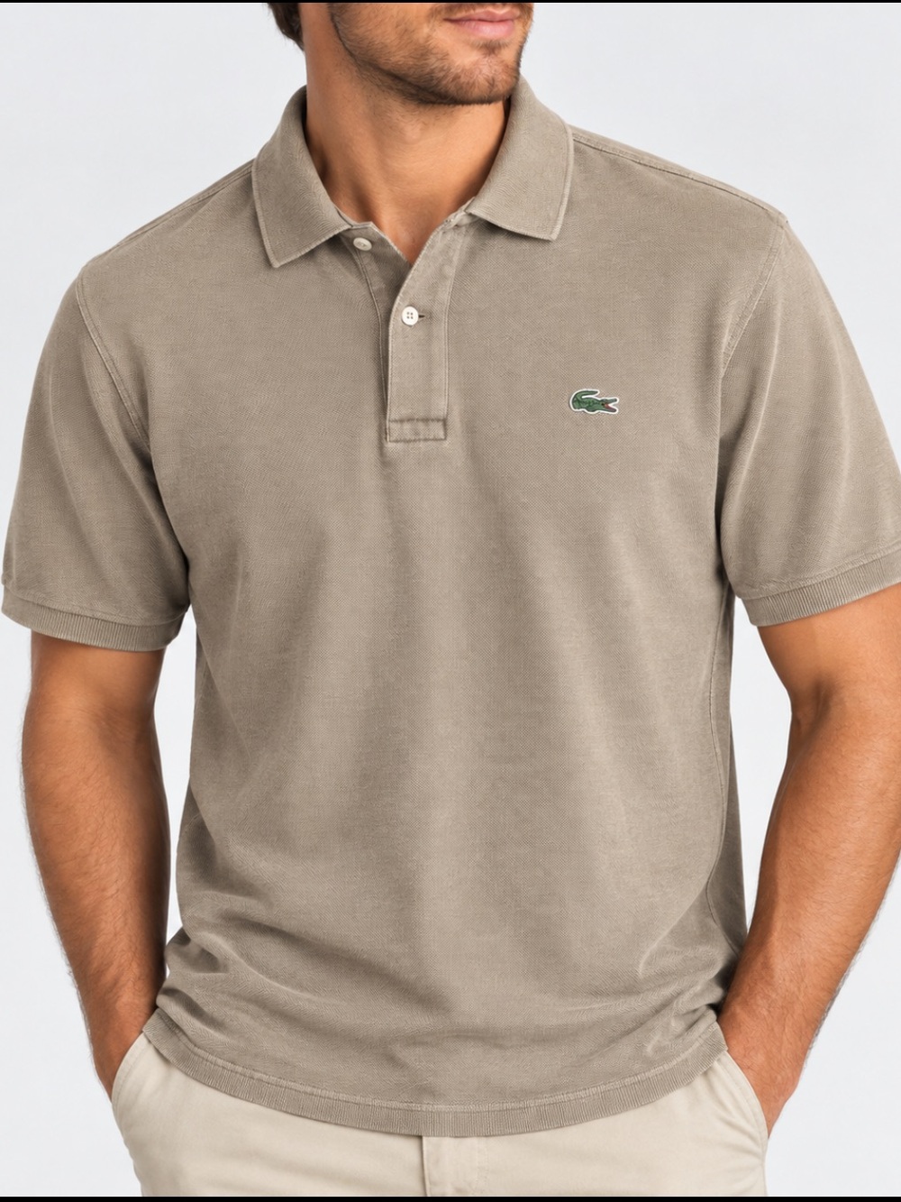 Lacoste Men's Polo Shirt in Taupe Brown with Green Crocodile Logo